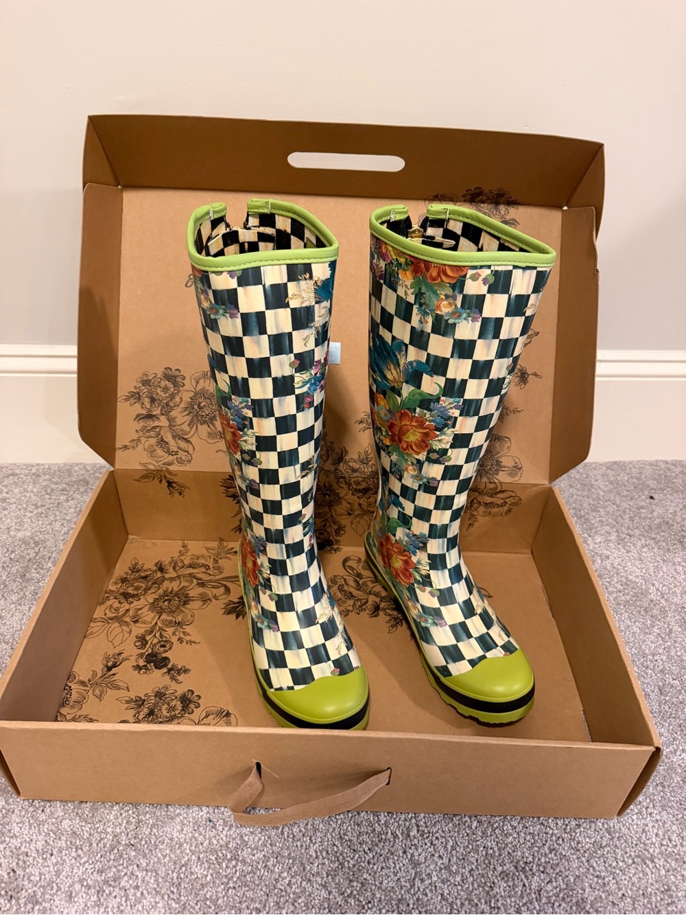 MacKenzie-Childs Green Courtly Check Checkerboard Floral Tall Rain Boots